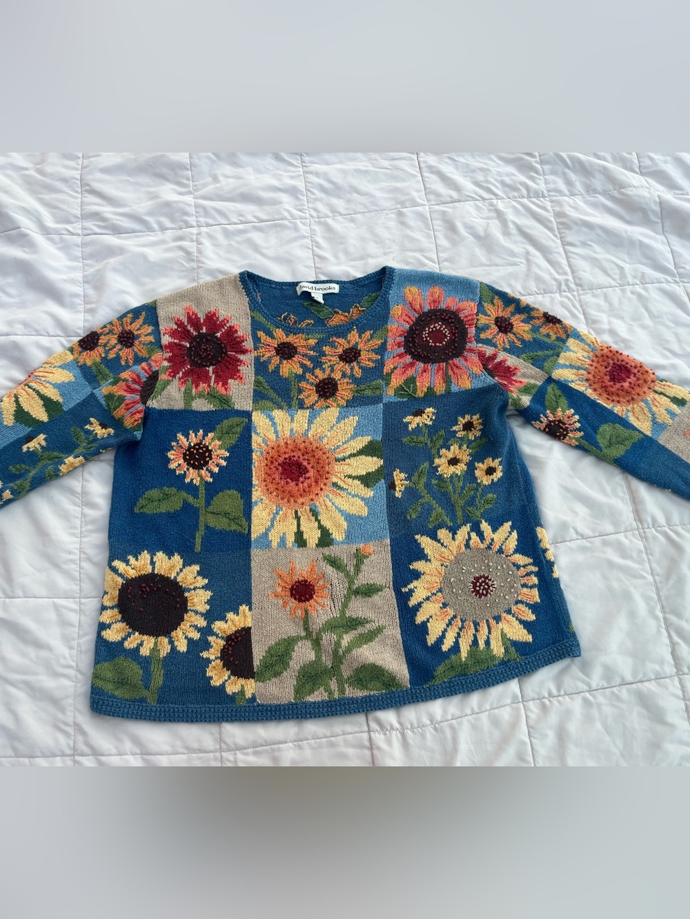 David Brooks Patchwork  Sunflower Sweater, Blue, Size XL